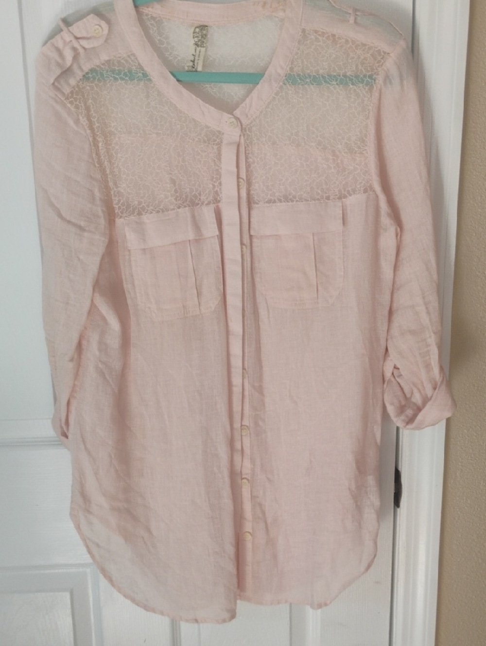 Free People linen-blend button-down Lace Top Sz Large